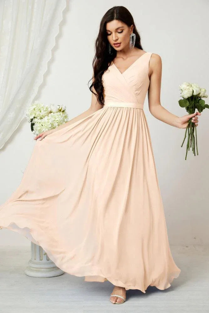 Vestido de dama de honor largo de gasa para mujer, línea A sin mangas, vestido formal de baile de graduación para fiesta nocturna, vestido de regreso a casa 2808