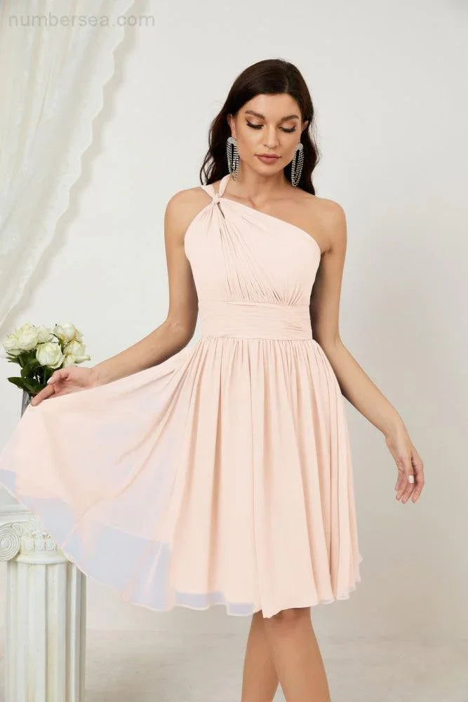 Vestido de dama de honor corto de chiffon de un hombro Numbersea para mujer Vestidos formales para fiesta y regreso a casa 2804