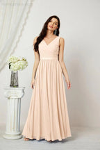 Abito da Sera Donna in Chiffon Lungo per Damigelle, Scollato, Senza Maniche, Linea A, per Feste Serali, Ballo di Fine Anno e Homecoming, Modello 2808