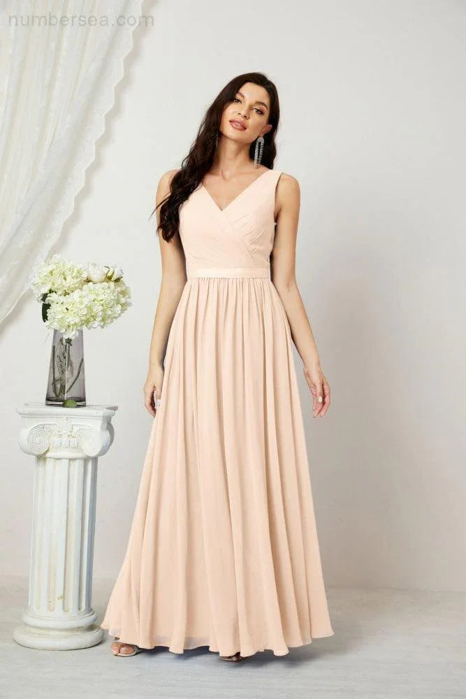 Abito da Sera Donna in Chiffon Lungo per Damigelle, Scollato, Senza Maniche, Linea A, per Feste Serali, Ballo di Fine Anno e Homecoming, Modello 2808