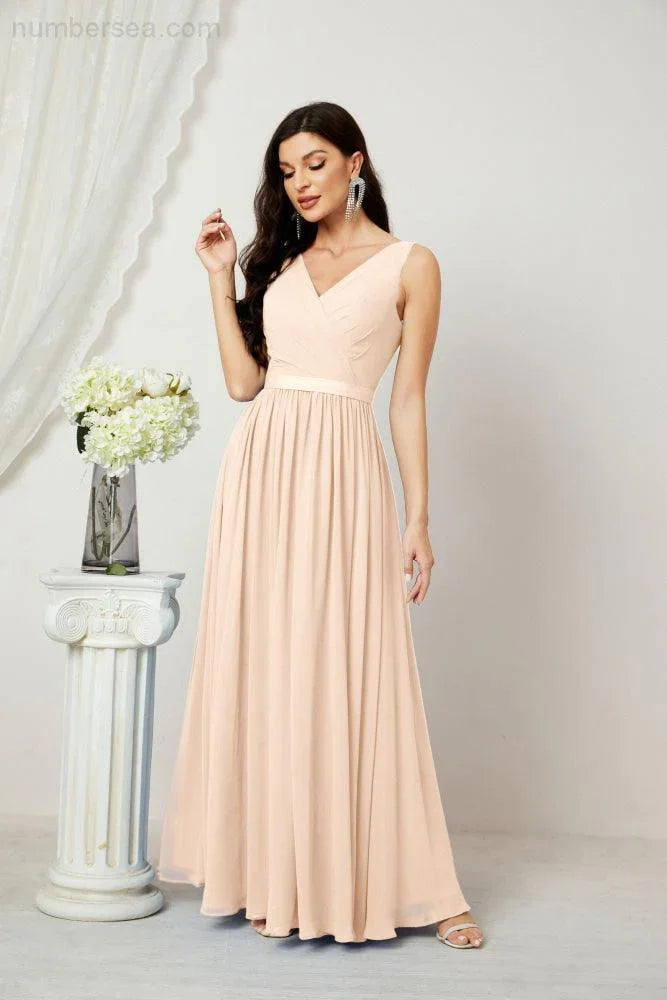 Abito da Sera Donna in Chiffon Lungo per Damigelle, Scollato, Senza Maniche, Linea A, per Feste Serali, Ballo di Fine Anno e Homecoming, Modello 2808
