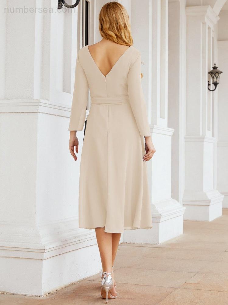 Vestido de madrinha com decote em V e cinto para mãe da noiva e convidada de casamento 28031 