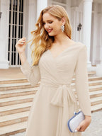 Vestido de madrinha com decote em V e cinto para mãe da noiva e convidada de casamento 28031 