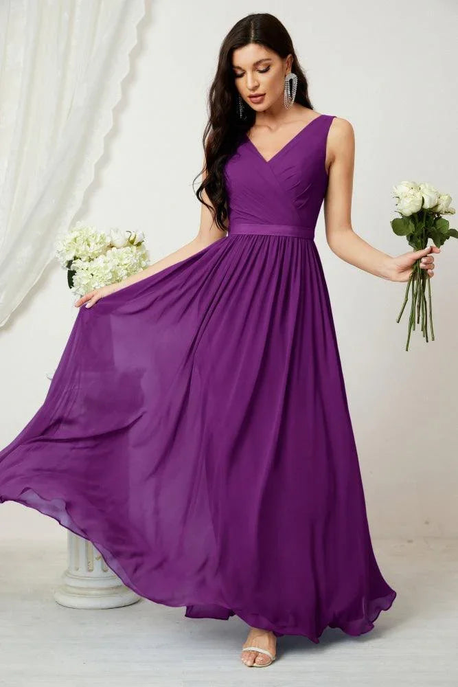 Vestido de dama de honor largo de gasa para mujer, línea A sin mangas, vestido formal de baile de graduación para fiesta nocturna, vestido de regreso a casa 2808