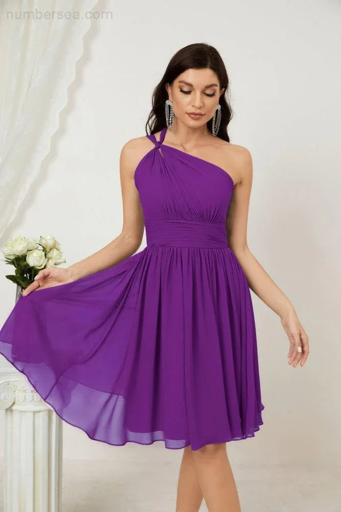 Vestido de dama de honor corto de chiffon de un hombro Numbersea para mujer Vestidos formales para fiesta y regreso a casa 2804
