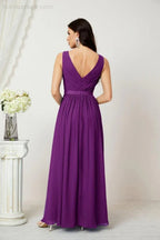 Abito da Sera Donna in Chiffon Lungo per Damigelle, Scollato, Senza Maniche, Linea A, per Feste Serali, Ballo di Fine Anno e Homecoming, Modello 2808