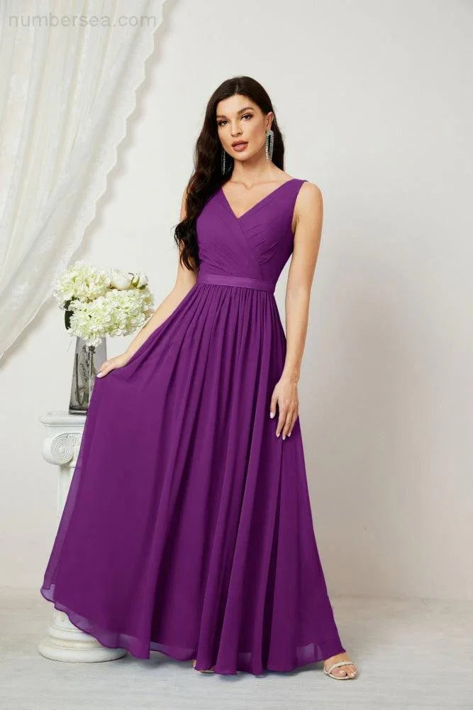 Abito da Sera Donna in Chiffon Lungo per Damigelle, Scollato, Senza Maniche, Linea A, per Feste Serali, Ballo di Fine Anno e Homecoming, Modello 2808