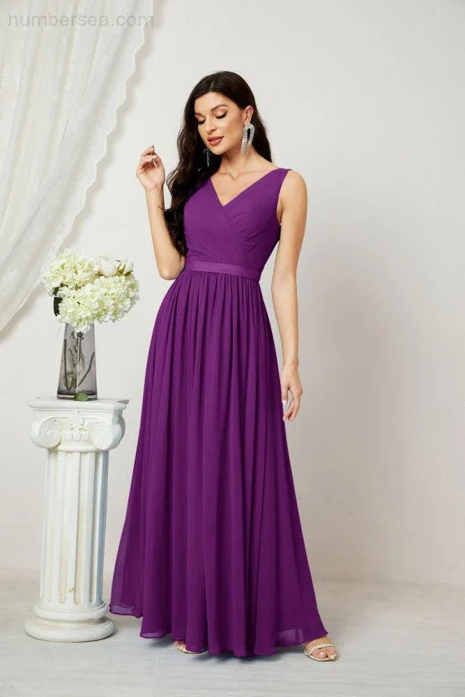 Abito da Sera Donna in Chiffon Lungo per Damigelle, Scollato, Senza Maniche, Linea A, per Feste Serali, Ballo di Fine Anno e Homecoming, Modello 2808
