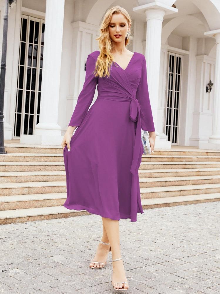 Vestido de madrinha com decote em V e cinto para mãe da noiva e convidada de casamento 28031 