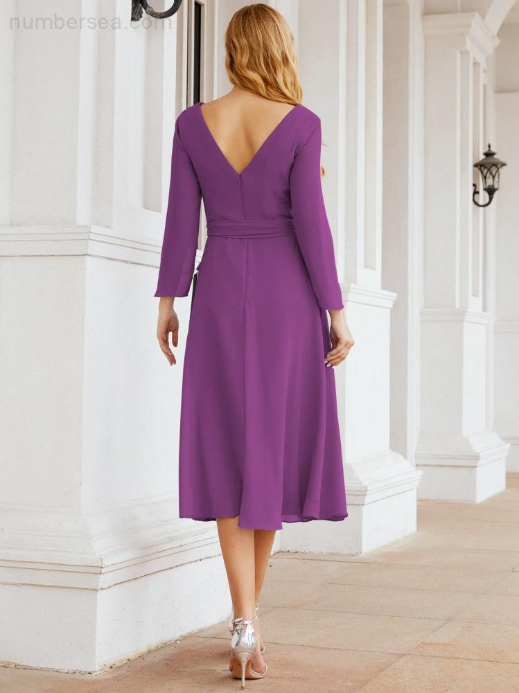 Vestido de madrinha com decote em V e cinto para mãe da noiva e convidada de casamento 28031 