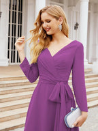 Vestido de madrinha com decote em V e cinto para mãe da noiva e convidada de casamento 28031 