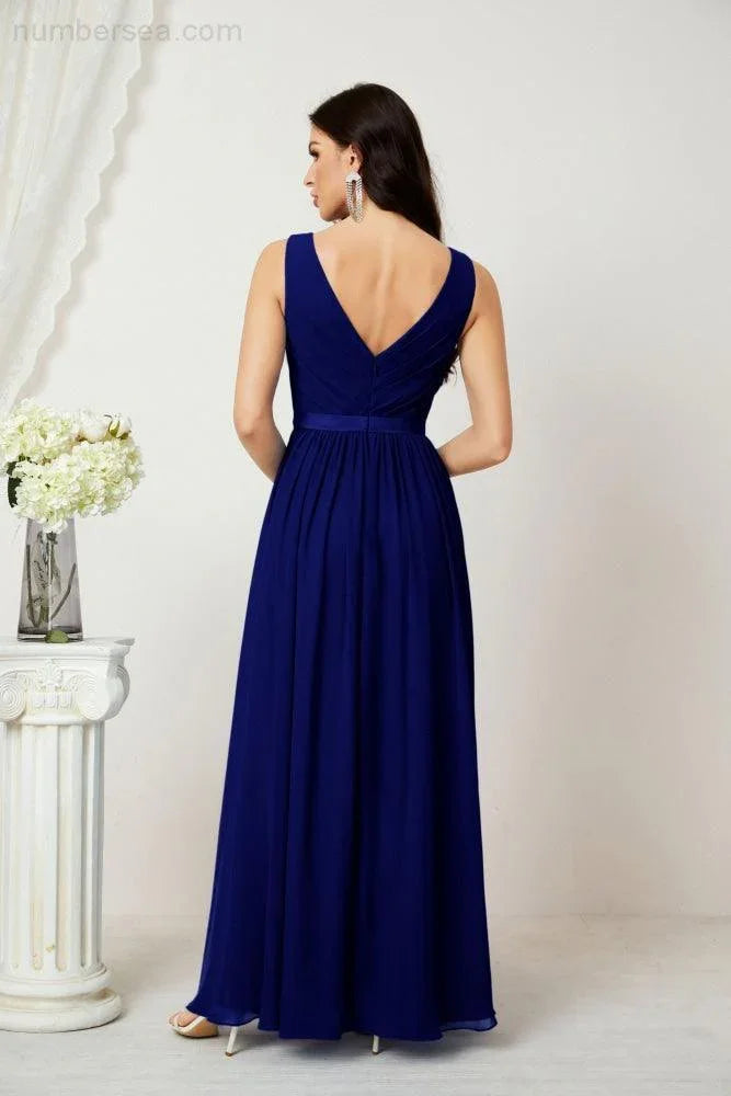Abito da Sera Donna in Chiffon Lungo per Damigelle, Scollato, Senza Maniche, Linea A, per Feste Serali, Ballo di Fine Anno e Homecoming, Modello 2808