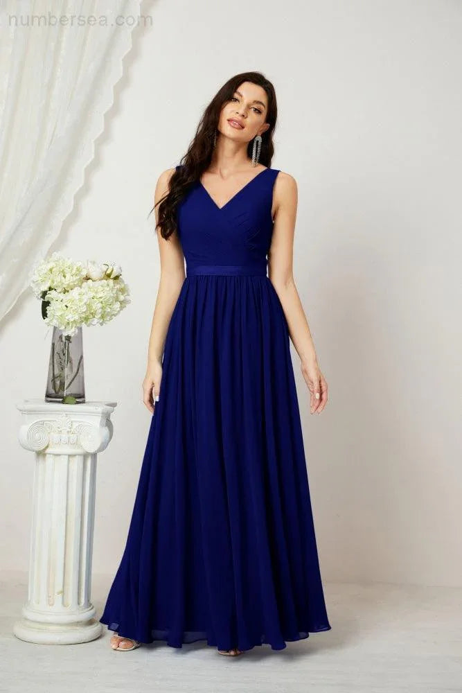 Abito da Sera Donna in Chiffon Lungo per Damigelle, Scollato, Senza Maniche, Linea A, per Feste Serali, Ballo di Fine Anno e Homecoming, Modello 2808