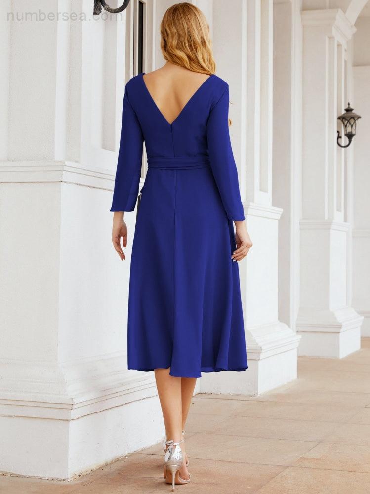 Vestido de madrinha com decote em V e cinto para mãe da noiva e convidada de casamento 28031 