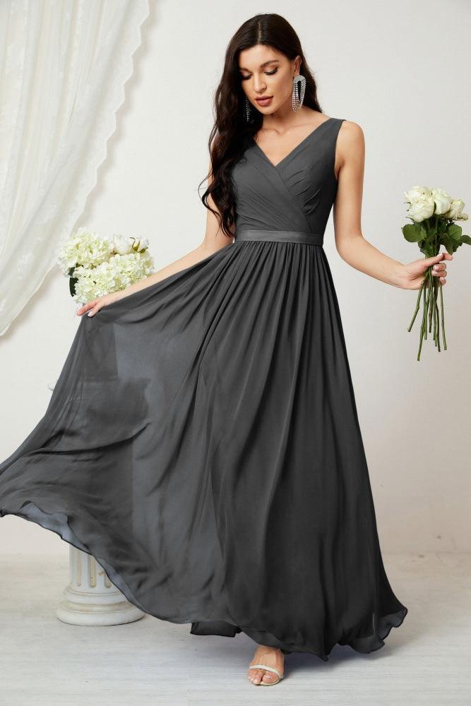 Vestido de dama de honor largo de gasa para mujer, línea A sin mangas, vestido formal de baile de graduación para fiesta nocturna, vestido de regreso a casa 2808