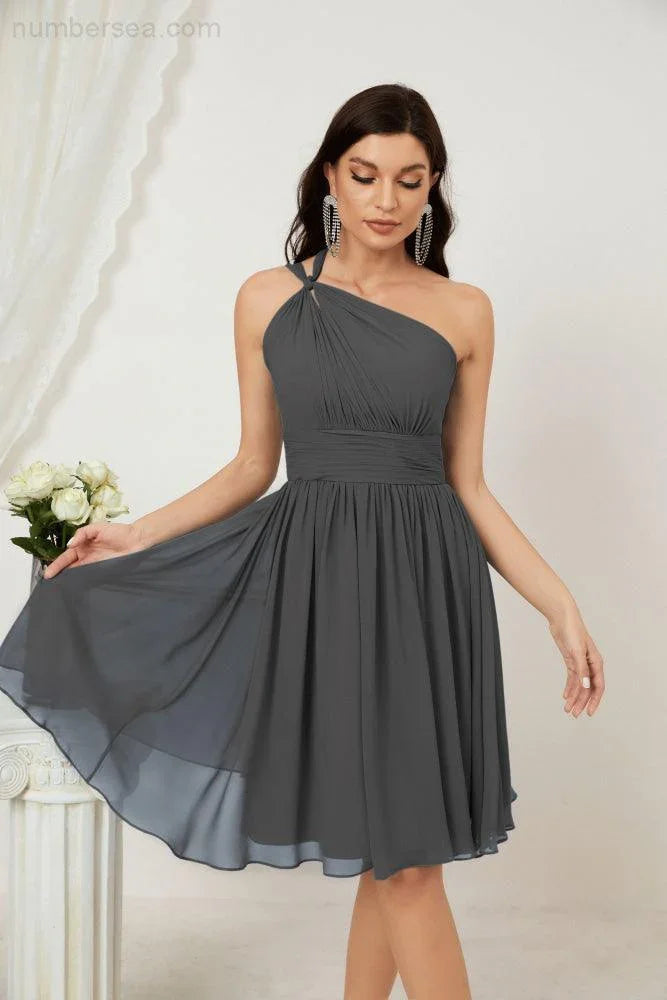 Vestido de dama de honor corto de chiffon de un hombro Numbersea para mujer Vestidos formales para fiesta y regreso a casa 2804
