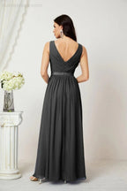 Abito da Sera Donna in Chiffon Lungo per Damigelle, Scollato, Senza Maniche, Linea A, per Feste Serali, Ballo di Fine Anno e Homecoming, Modello 2808