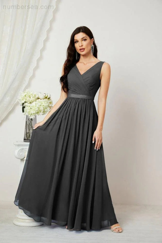 Abito da Sera Donna in Chiffon Lungo per Damigelle, Scollato, Senza Maniche, Linea A, per Feste Serali, Ballo di Fine Anno e Homecoming, Modello 2808