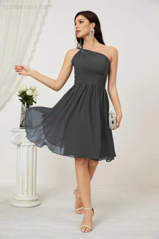 Vestido de dama de honor corto de chiffon de un hombro Numbersea para mujer Vestidos formales para fiesta y regreso a casa 2804