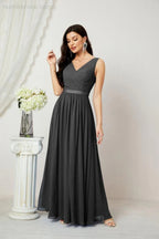 Abito da Sera Donna in Chiffon Lungo per Damigelle, Scollato, Senza Maniche, Linea A, per Feste Serali, Ballo di Fine Anno e Homecoming, Modello 2808