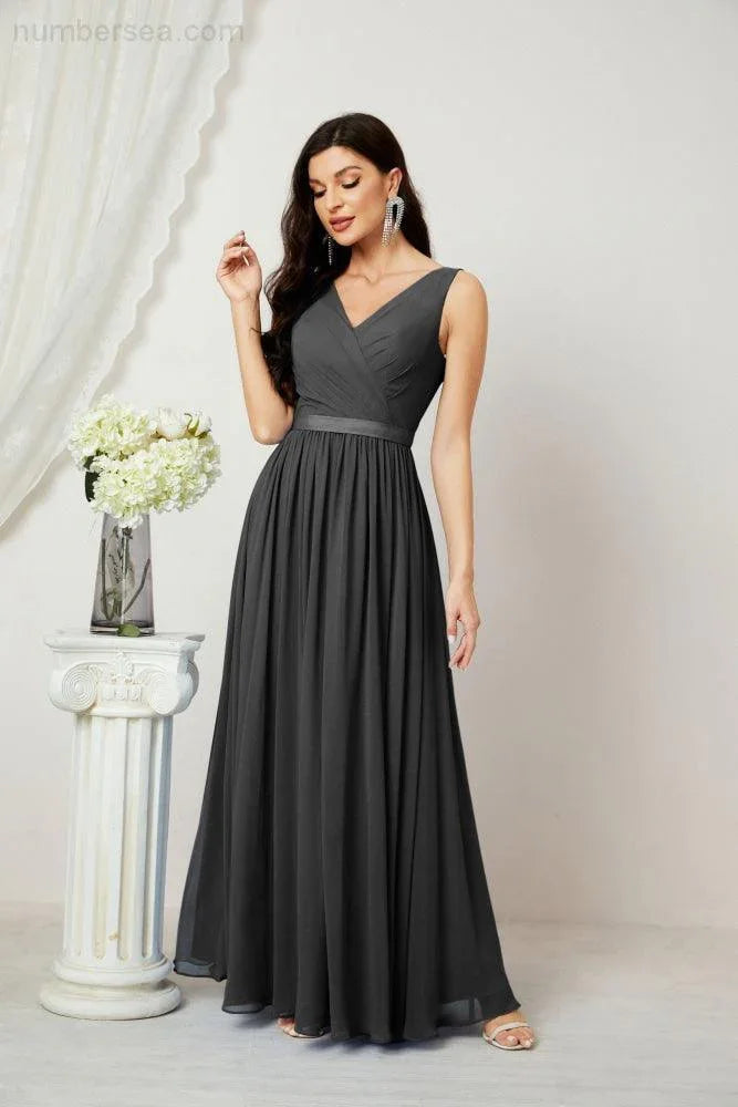 Abito da Sera Donna in Chiffon Lungo per Damigelle, Scollato, Senza Maniche, Linea A, per Feste Serali, Ballo di Fine Anno e Homecoming, Modello 2808