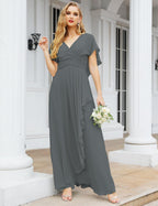 Numbersea Chiffon Bridesmaid Dresses Long Formal Evening Prom Mother of The Bride Dress with Flutter Sleeve     SEA28040