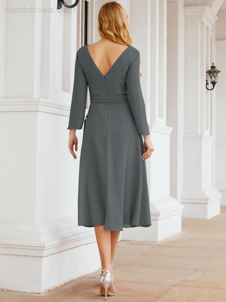 Vestido de madrinha com decote em V e cinto para mãe da noiva e convidada de casamento 28031 