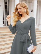 Vestido de madrinha com decote em V e cinto para mãe da noiva e convidada de casamento 28031 