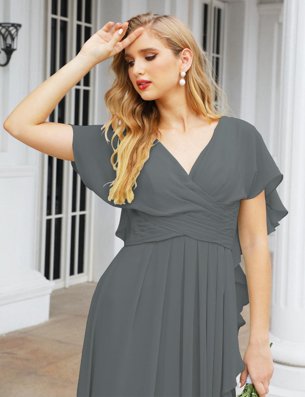 Numbersea Chiffon Bridesmaid Dresses Long Formal Evening Prom Mother of The Bride Dress with Flutter Sleeve     SEA28040