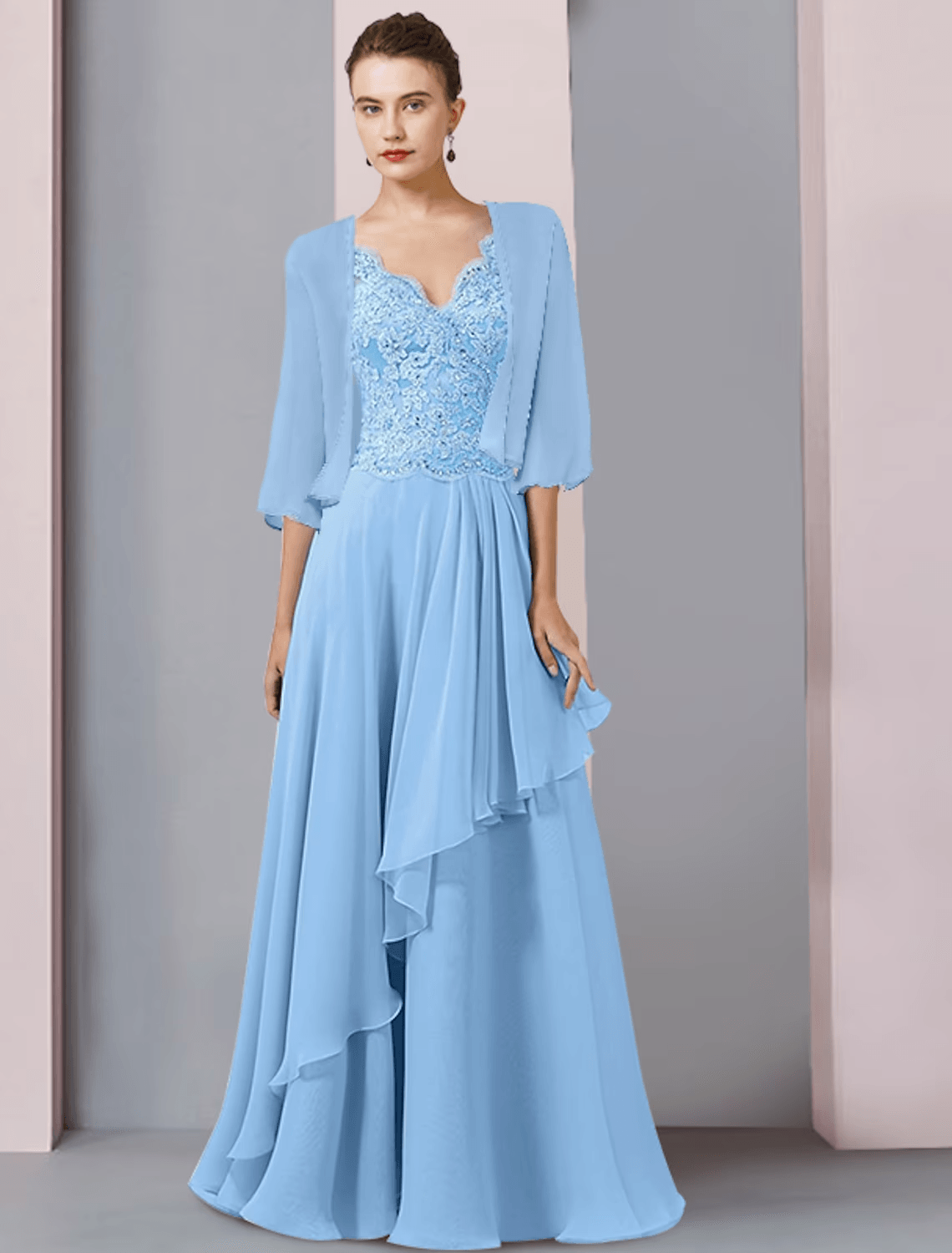 Vestido de mãe da noiva em duas peças, corte A, formal, para festa de casamento, elegante, decote em V, comprimento até ao chão, chiffon, renda, manga curta, com aplicações de lantejoulas e missangas