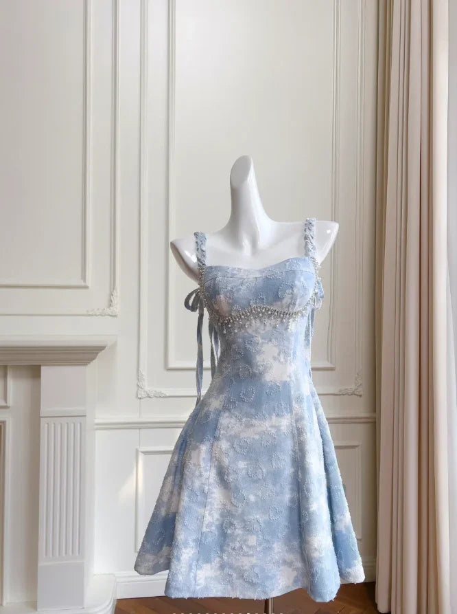 Glamouröses Blaues Satin Perlenbesetztes Mini-Promkleid A-Linien Homecoming-Kleid Y8572