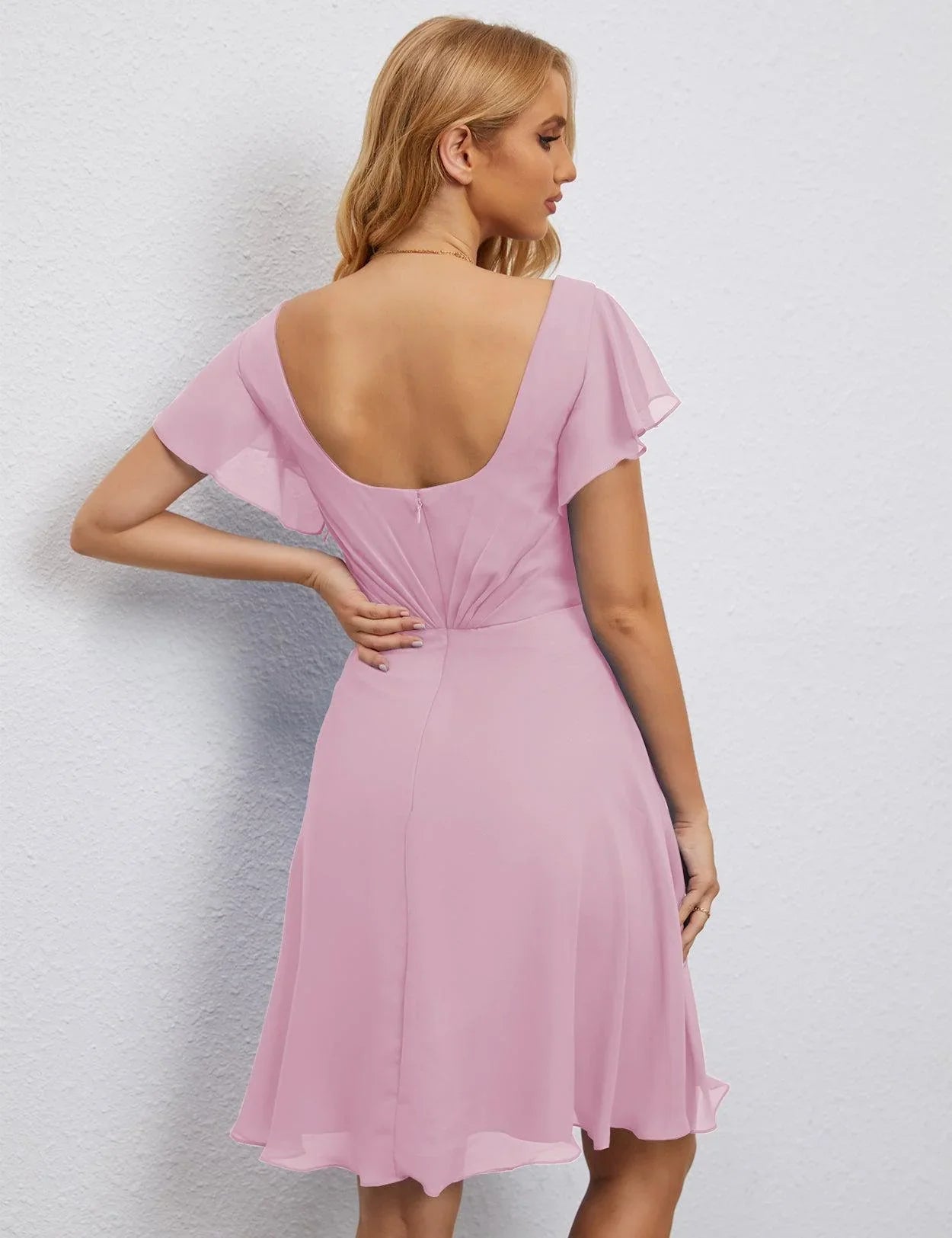 Vestido de Regreso a Casa con Espalda en U de Numbersea Vestido Formal para el Baile de Graduación Largo hasta la Rodilla Mangas Cortas Vestido para Fiesta de Cóctel 28077