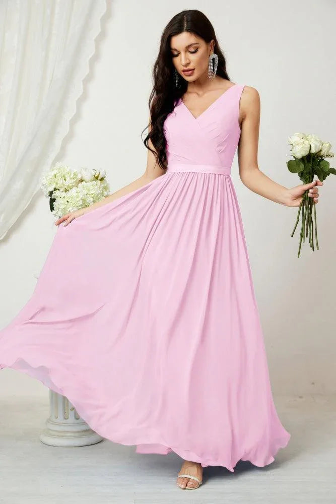 Vestido de dama de honor largo de gasa para mujer, línea A sin mangas, vestido formal de baile de graduación para fiesta nocturna, vestido de regreso a casa 2808