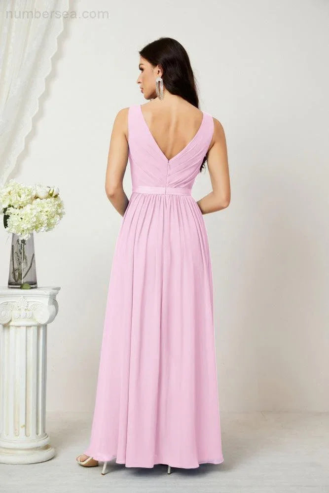 Abito da Sera Donna in Chiffon Lungo per Damigelle, Scollato, Senza Maniche, Linea A, per Feste Serali, Ballo di Fine Anno e Homecoming, Modello 2808