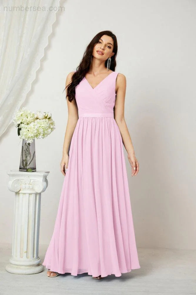 Abito da Sera Donna in Chiffon Lungo per Damigelle, Scollato, Senza Maniche, Linea A, per Feste Serali, Ballo di Fine Anno e Homecoming, Modello 2808