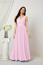 Abito da Sera Donna in Chiffon Lungo per Damigelle, Scollato, Senza Maniche, Linea A, per Feste Serali, Ballo di Fine Anno e Homecoming, Modello 2808