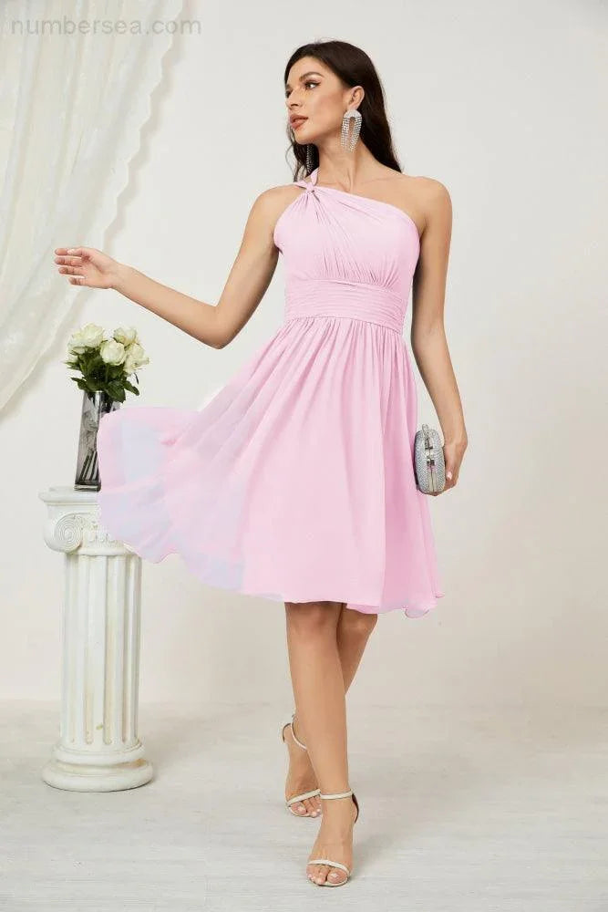 Vestido de dama de honor corto de chiffon de un hombro Numbersea para mujer Vestidos formales para fiesta y regreso a casa 2804