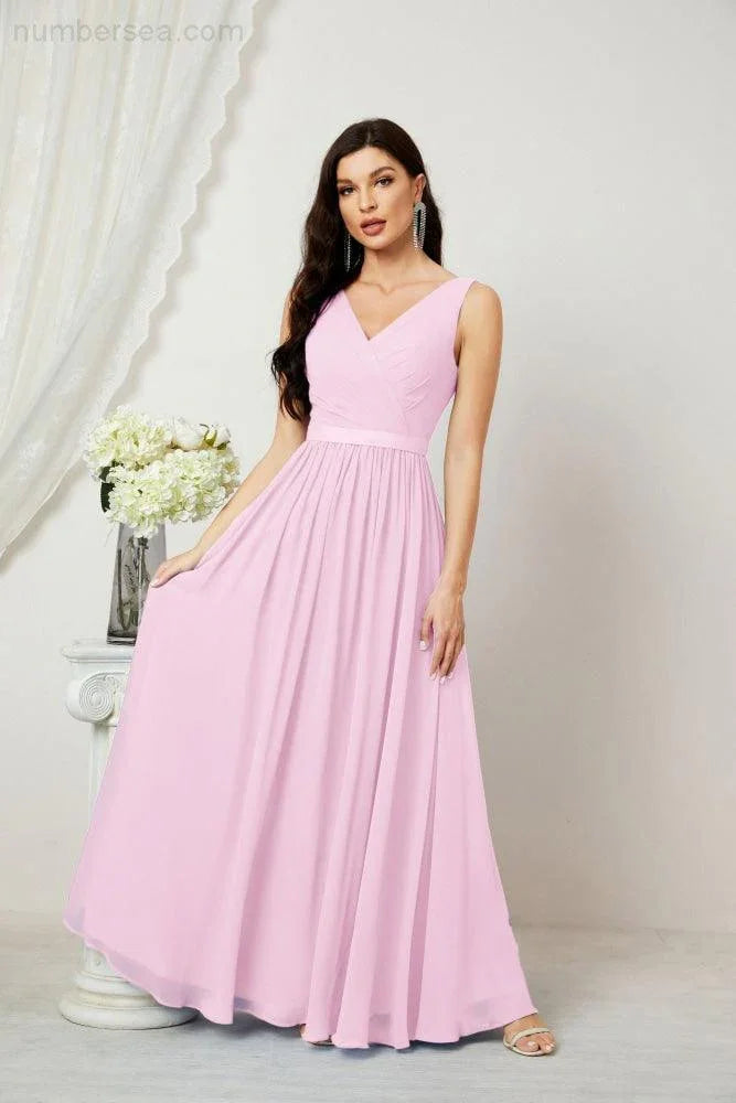 Abito da Sera Donna in Chiffon Lungo per Damigelle, Scollato, Senza Maniche, Linea A, per Feste Serali, Ballo di Fine Anno e Homecoming, Modello 2808