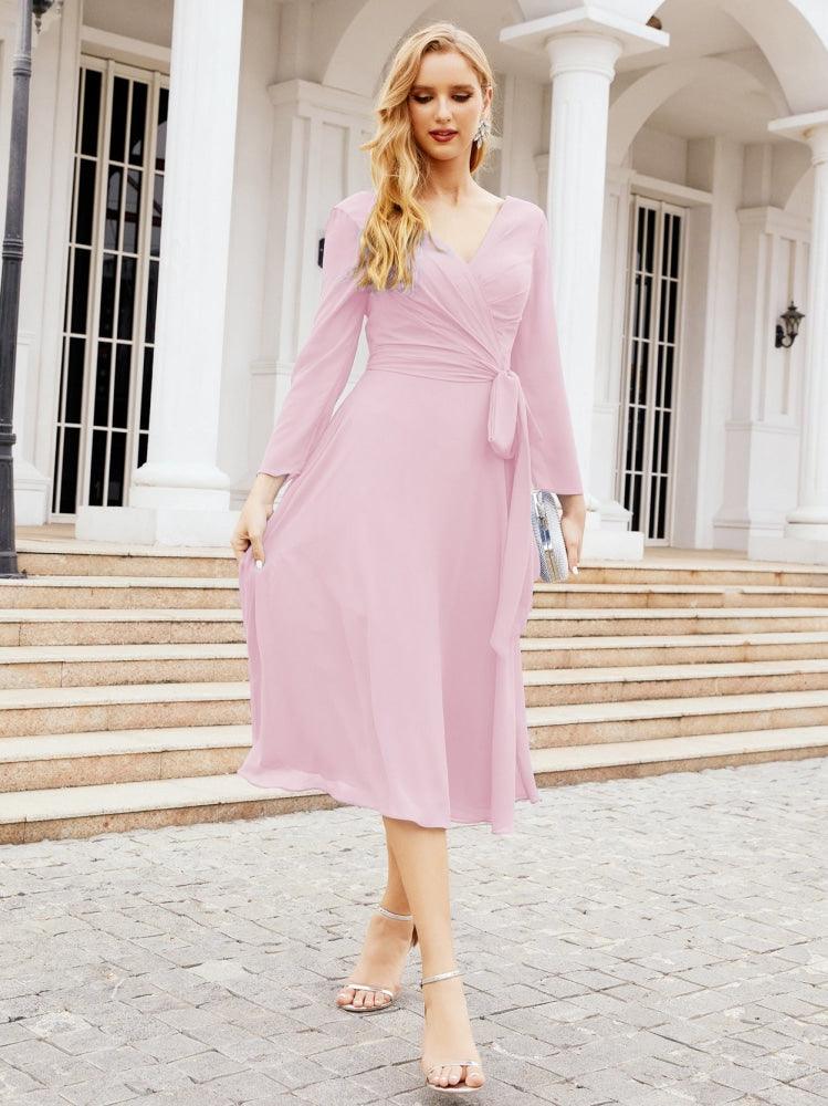 Vestido de madrinha com decote em V e cinto para mãe da noiva e convidada de casamento 28031 