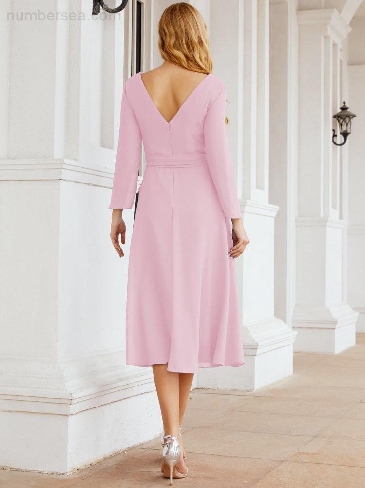 Vestido de madrinha com decote em V e cinto para mãe da noiva e convidada de casamento 28031 