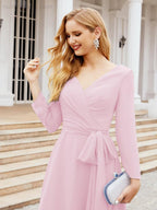 Vestido de madrinha com decote em V e cinto para mãe da noiva e convidada de casamento 28031 