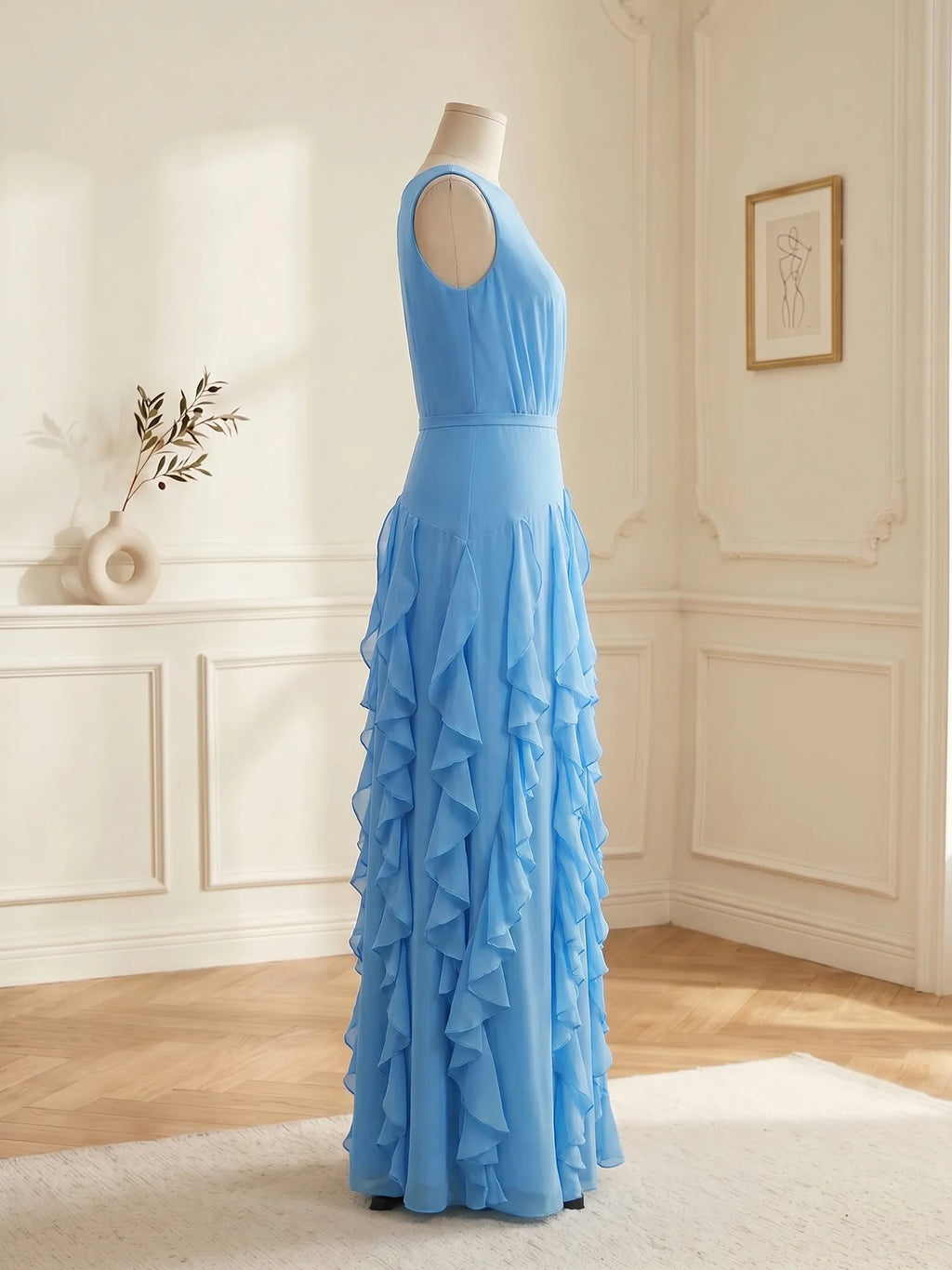 Sleeveless Tiered Chiffon Maxi Evening Gown with Ruched Bodice - view 5