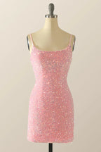 Niedliches Rosa Pailletten Homecoming-Kleid Rosa Rückenfreies Partykleid Y2041