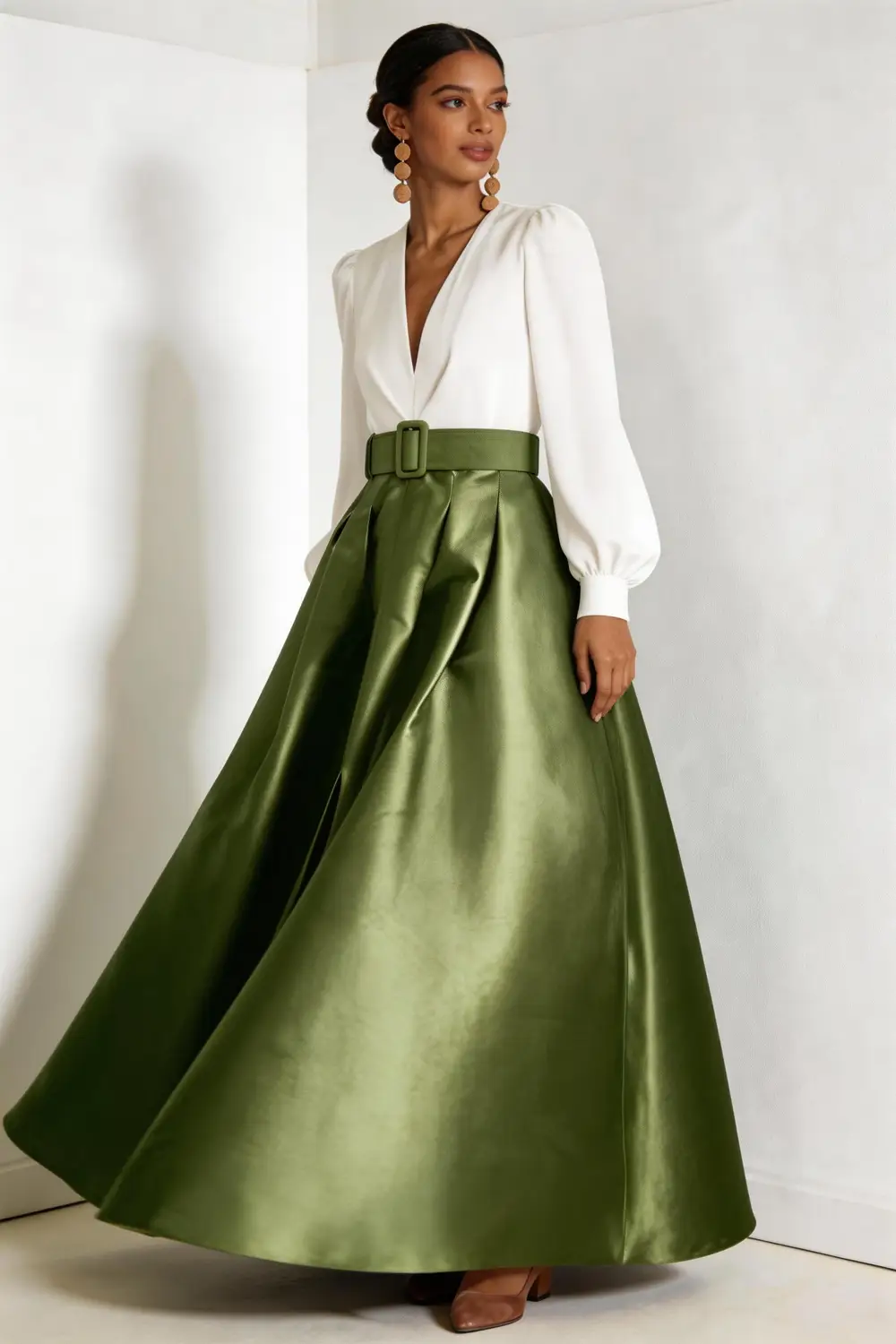 Sage Green Satin High Waist Maxi Skirt, White V-Neck Blouse Two Piece Set by tangjianjun