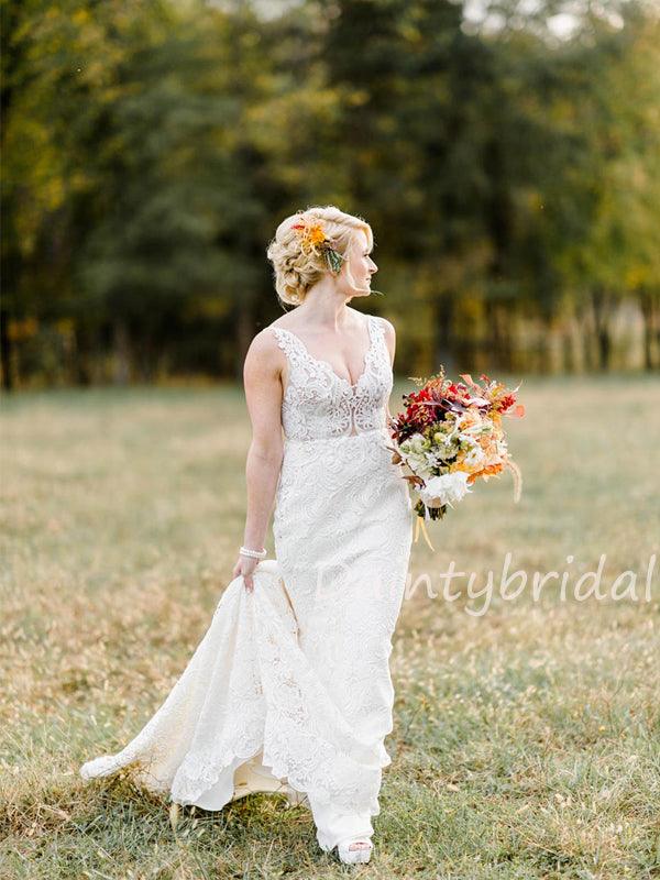 Neue Ankunft V-Ausschnitt Spitze V-Rücken Ärmellos Lange Brautkleider.DB10473