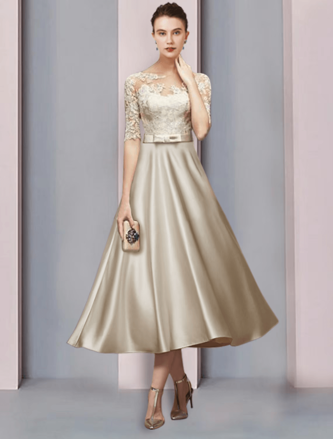 Vestido tubinho/coluna para mãe da noiva, festa de casamento, elegante, decote redondo, comprimento chá, cetim, renda, meia manga com laço(s), pregas