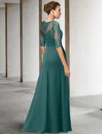 Vestido de mãe da noiva estilo tubo/coluna, tamanho grande, elegante, decote em joia, comprimento até ao chão, chiffon, renda, manga curta com aplicações, drapeado lateral