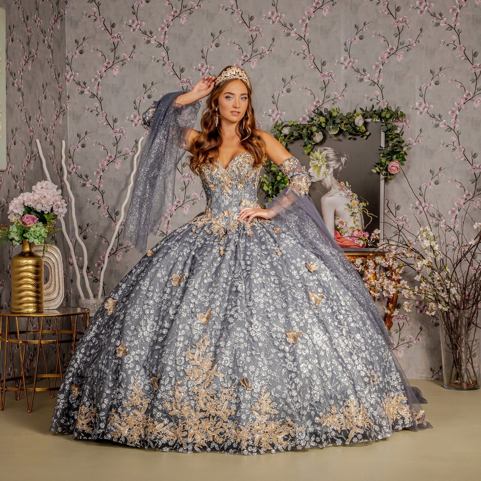 3D Butterfly Bell Sleeve Ball Gown by GLS Gloria GL3318