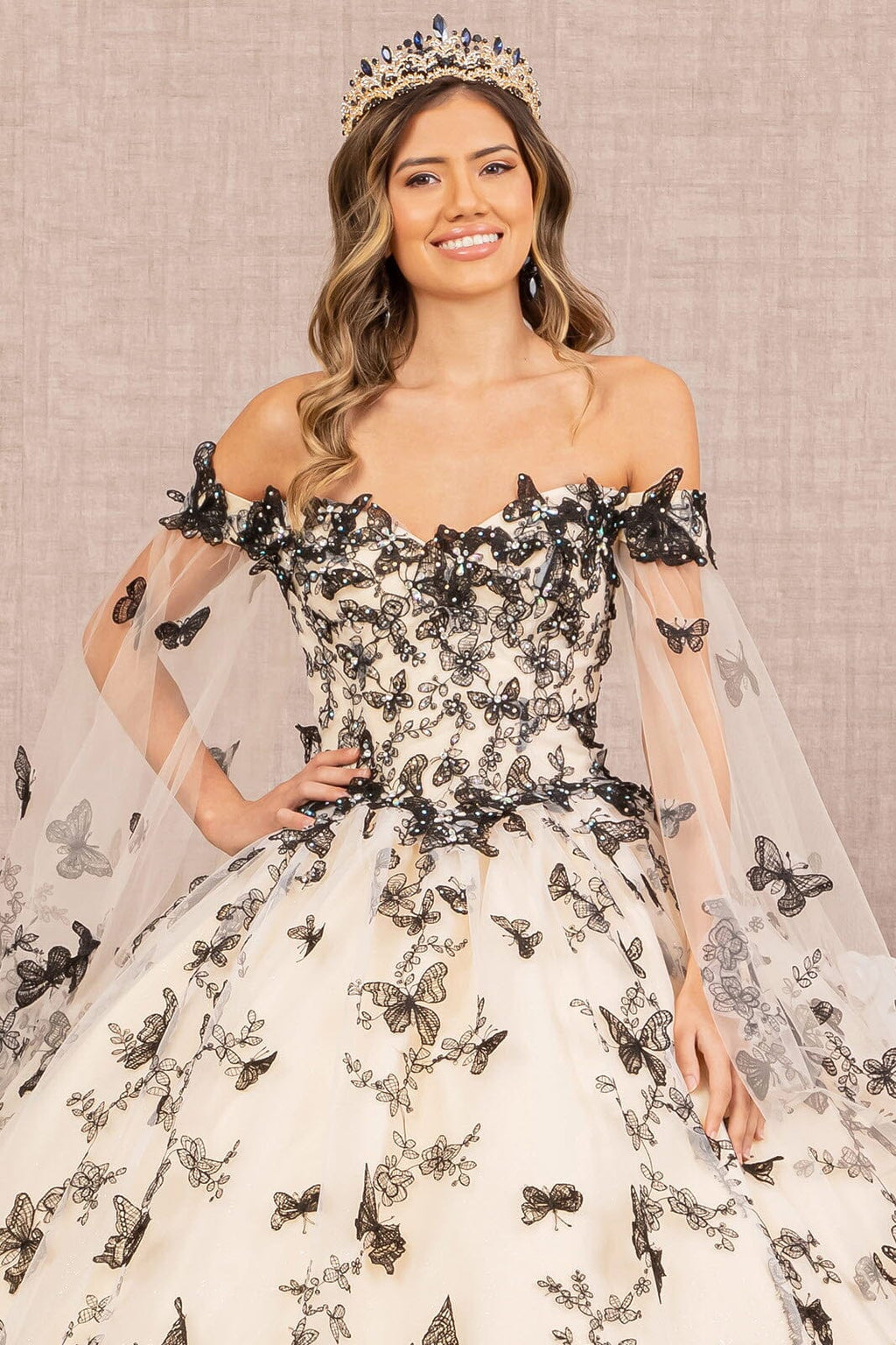 3D Butterfly Off Shoulder Ball Gown by Elizabeth K GL3167