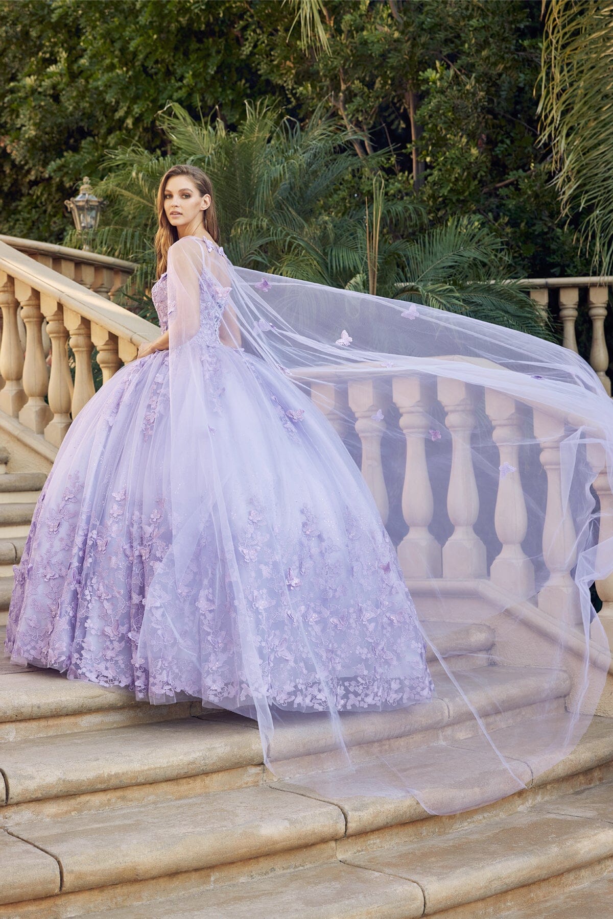 3D Butterfly Sleeveless Cape Ball Gown by Juliet 1442
